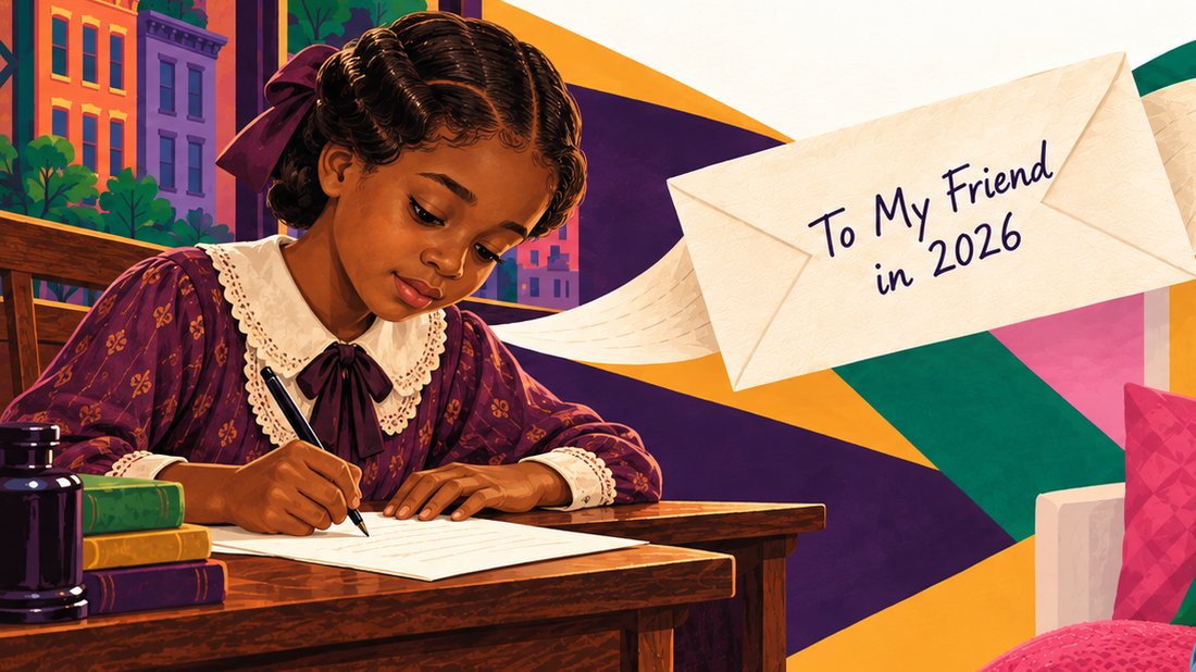 Cora, a girl in a high-collared purple dress with a ribbon in her hair, writing a letter at a wooden desk. An envelope drifts away from her reading, in handwriting, To My Friend in 2026.