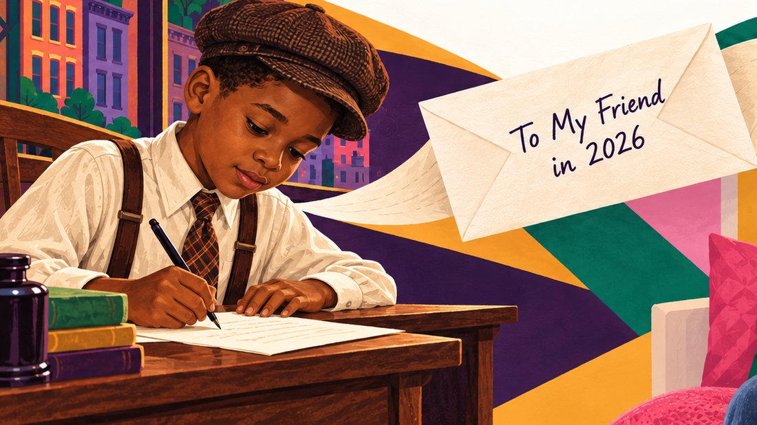 Marcus, a boy in a newsboy cap and suspenders, writing a letter at a wooden desk. An envelope drifts away from him reading, in handwriting, To My Friend in 2026.