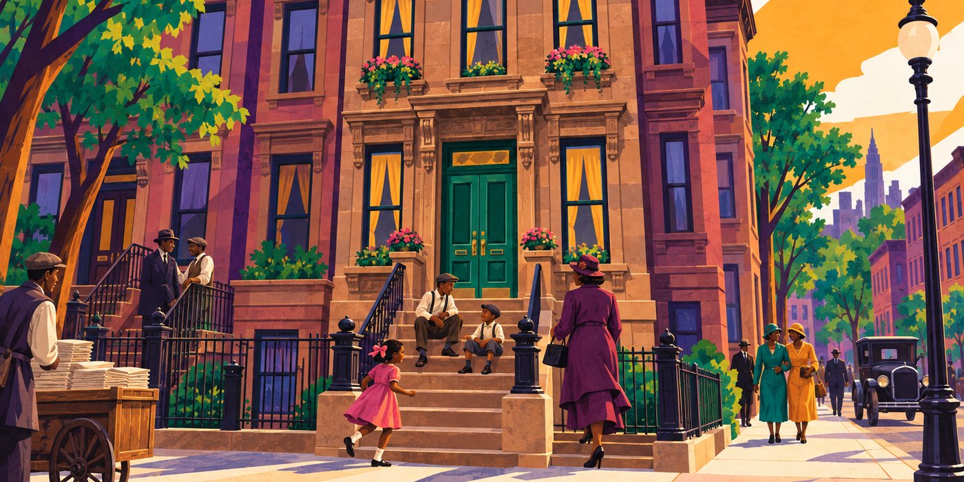 A Harlem street in 1926. Children sit on the stoop of a brownstone with a green door, a newspaper vendor works his cart at the corner, and neighbours pass on the sidewalk.